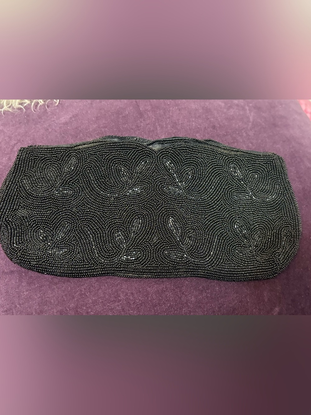 Vintage Mid-Century Black Glass Beaded Clutch Bag Leaf Motif Made in Japan 1950s